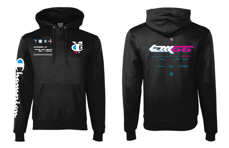 EMGG x Champion hoodie front and back © EasternMediaGG shop